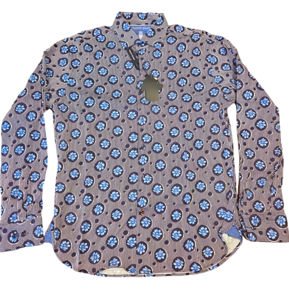 Visconti Floral Stripe Button Down Shirt Navy White Nwt Men's Sz M — image 5 of 8